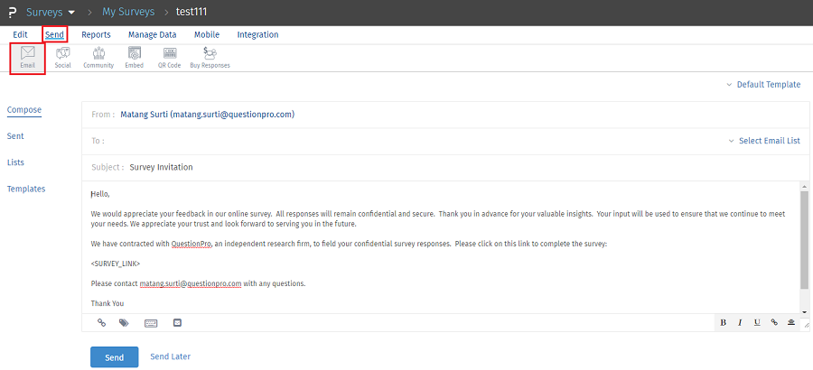 Sending Survey Via Email Invitation